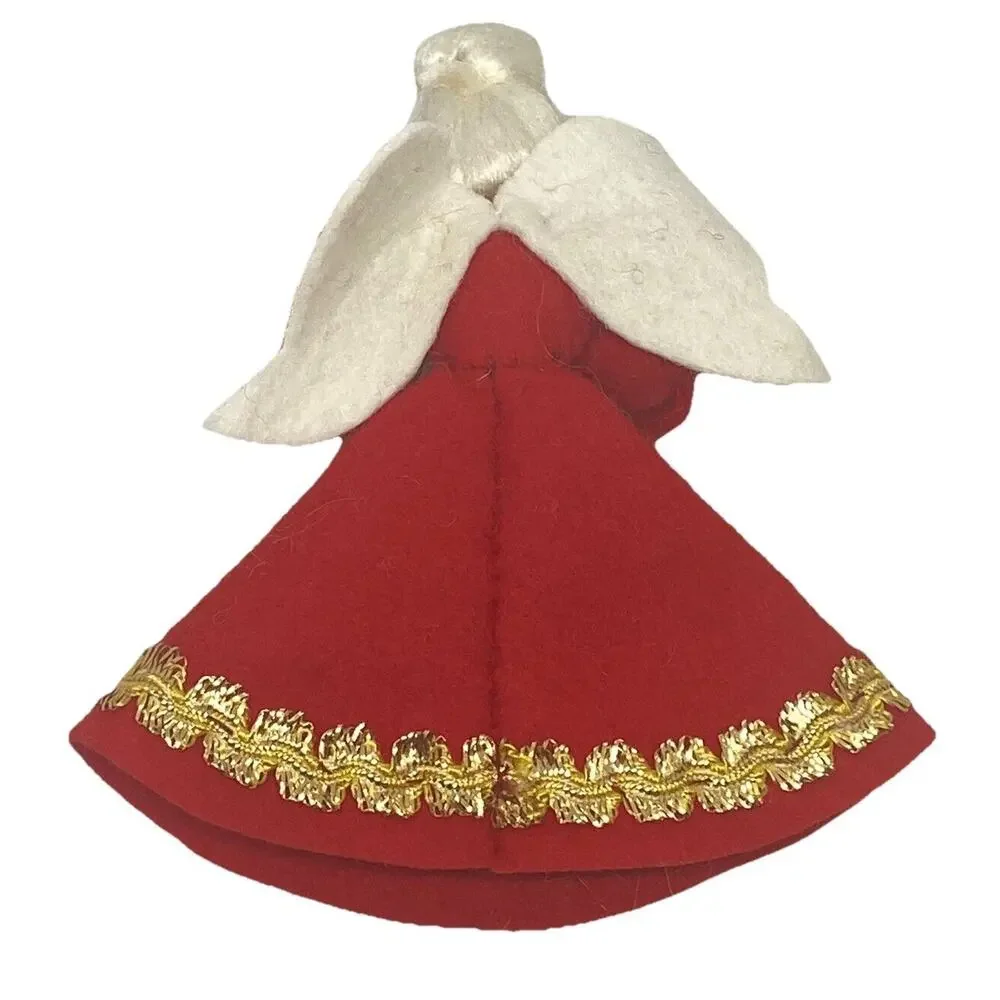 Vintage Christmas Angel 4 7/8” Figure Felt Red White Gold Wings Drum Decor